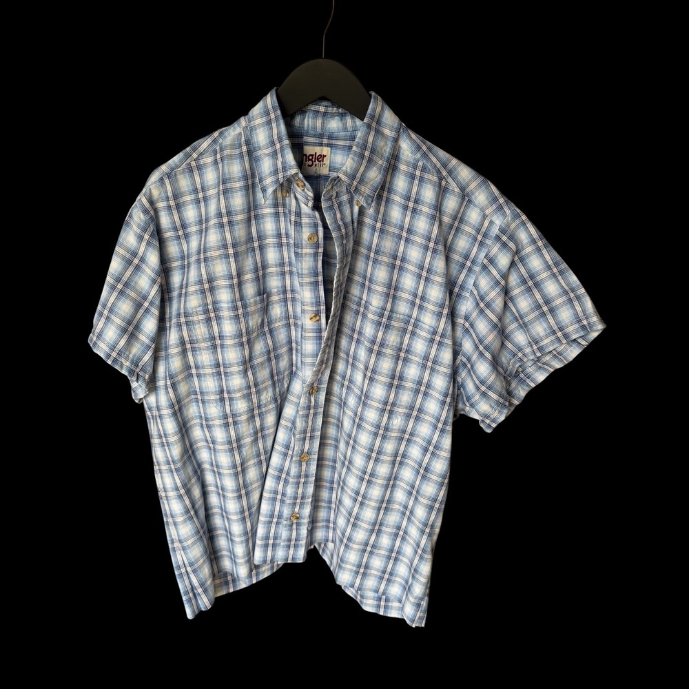 Y2K Wrangler Western Custom Blue Plaid Short Sleeve Cropped Button Down Shirt